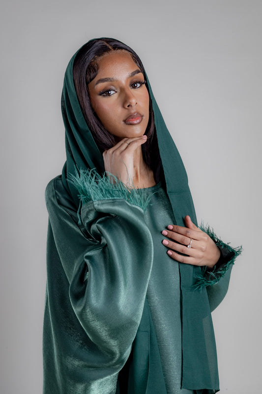 Shimmer Butterfly Abaya - Emerald Green with feathers and matching Hijab