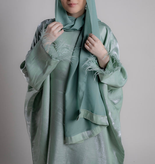 Shimmer Butterfly Abaya - Sage Green with feathers