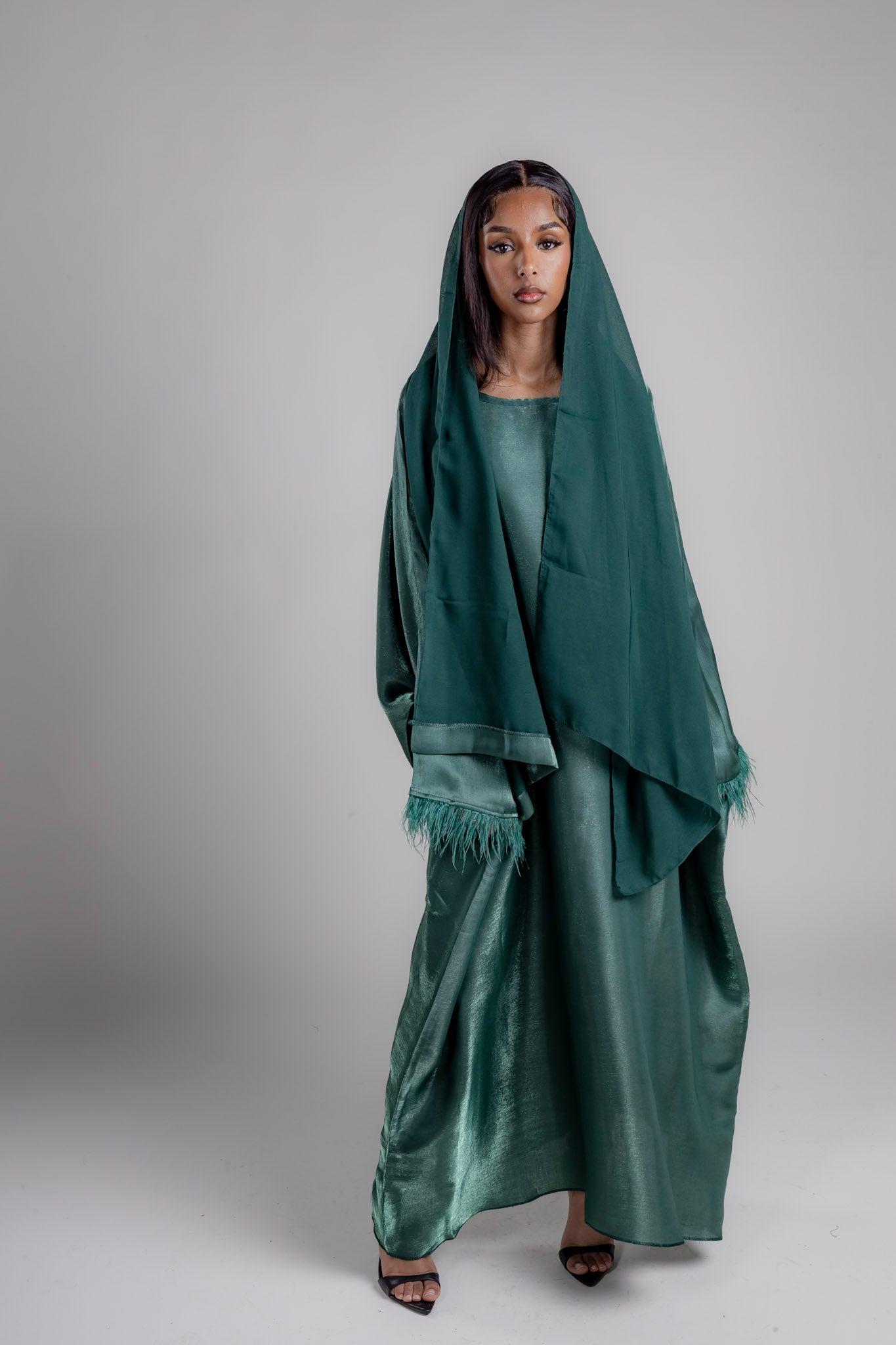 Shimmer Butterfly Abaya - Emerald Green with feathers and matching Hijab