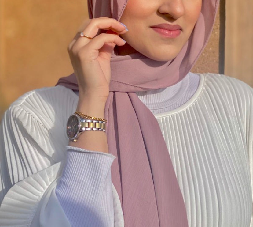 Semi Instant Hijab Pink Crinkle Chiffon Hijab with Satin Cap attached