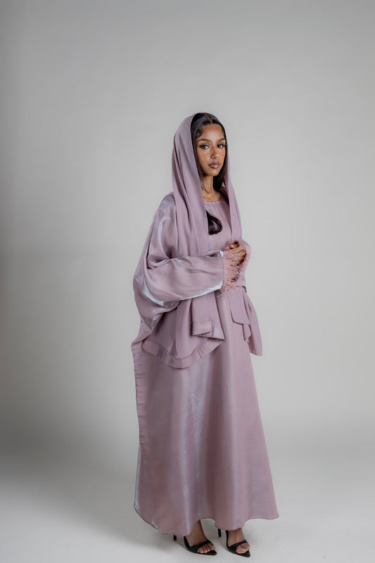 Mauve Pink - Butterfly Abaya - Shimmer edition with inner belt and hijab PRE ORDER (2 WEEKS)