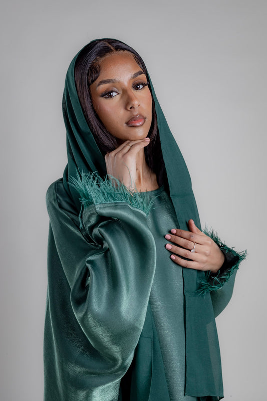 Emerald Green Butterfly Abaya - Shimmer edition- with feathers and matching Hijab PRE ORDER (2 weeks)
