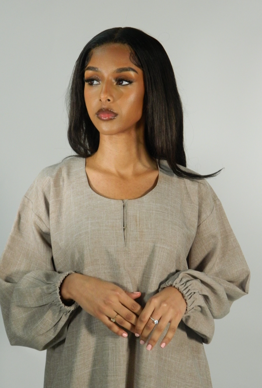 Linen Abaya with pockets - Sand Brown
