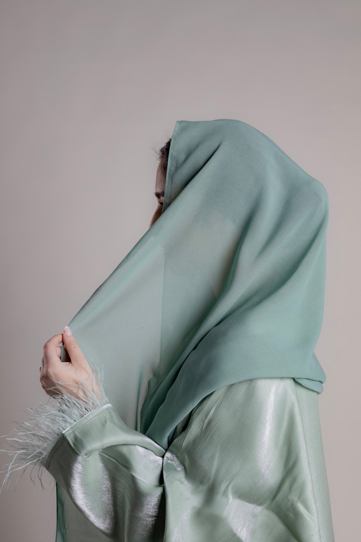 Sage Green - Butterfly Abaya Shimmer Edition with feathers and Hijab