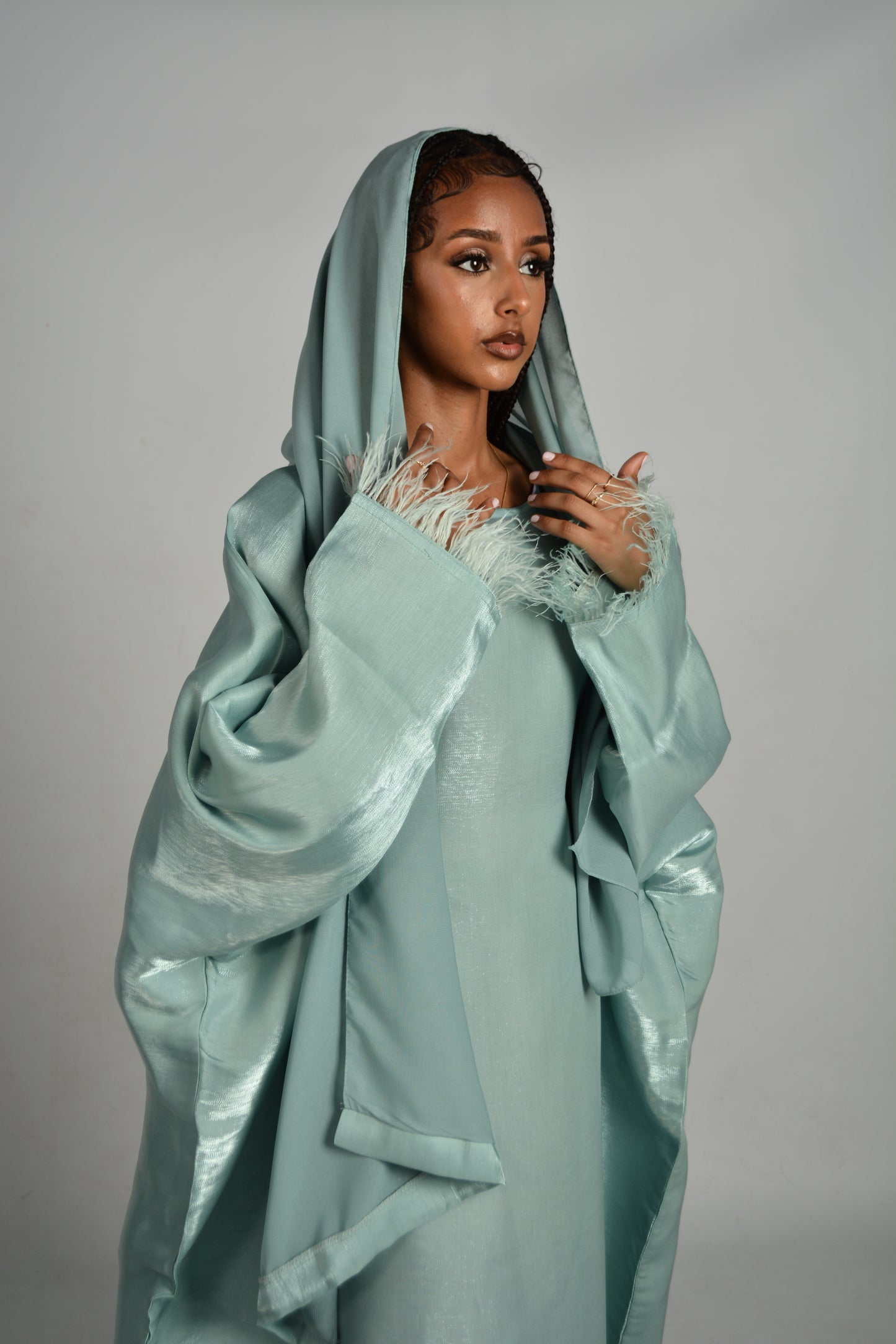 Light Blue Shimmer Butterfly Abaya with Hijab