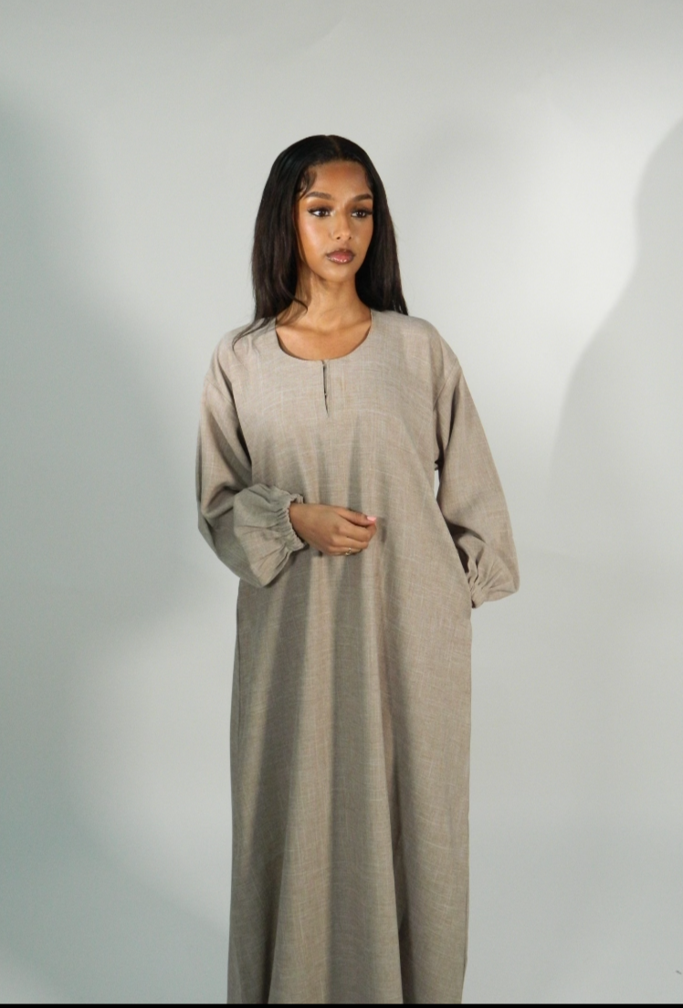 Linen Abaya with pockets - Sand Brown